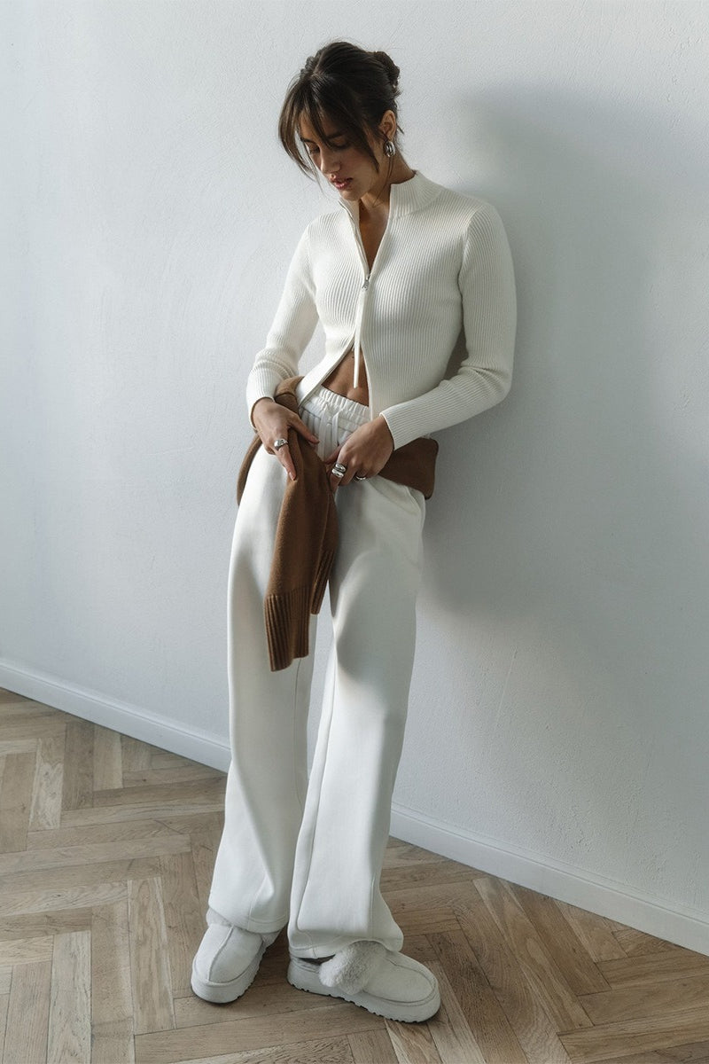 Knit Double Zipper Stand Collar  Blouse