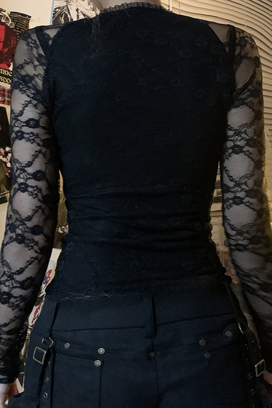 Sheer Panel Lace-Up Slim Knit Top