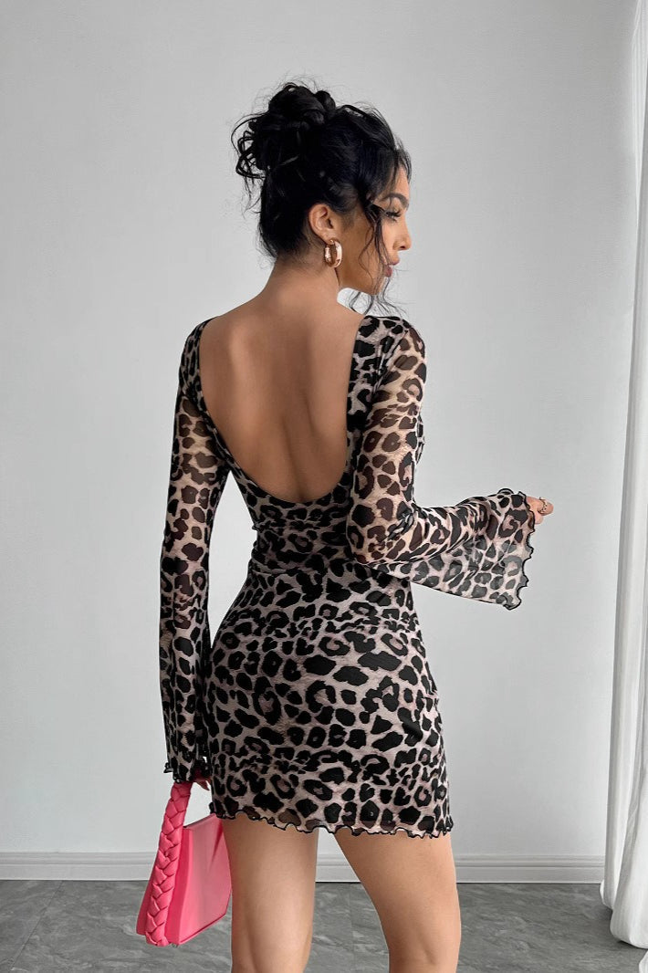 Leopard Mesh Backless Flare Sleeve Mini Dress