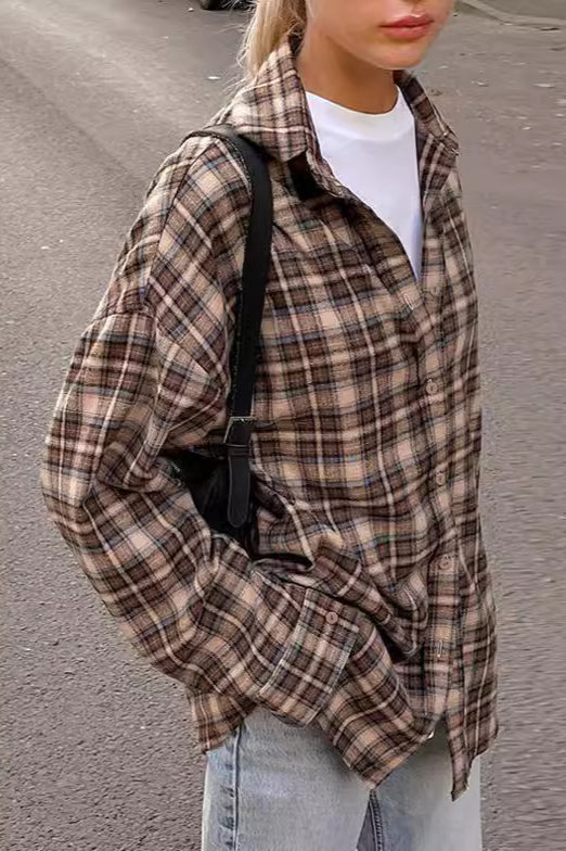 Vintage Plaid Longline Loose Fit Blouse
