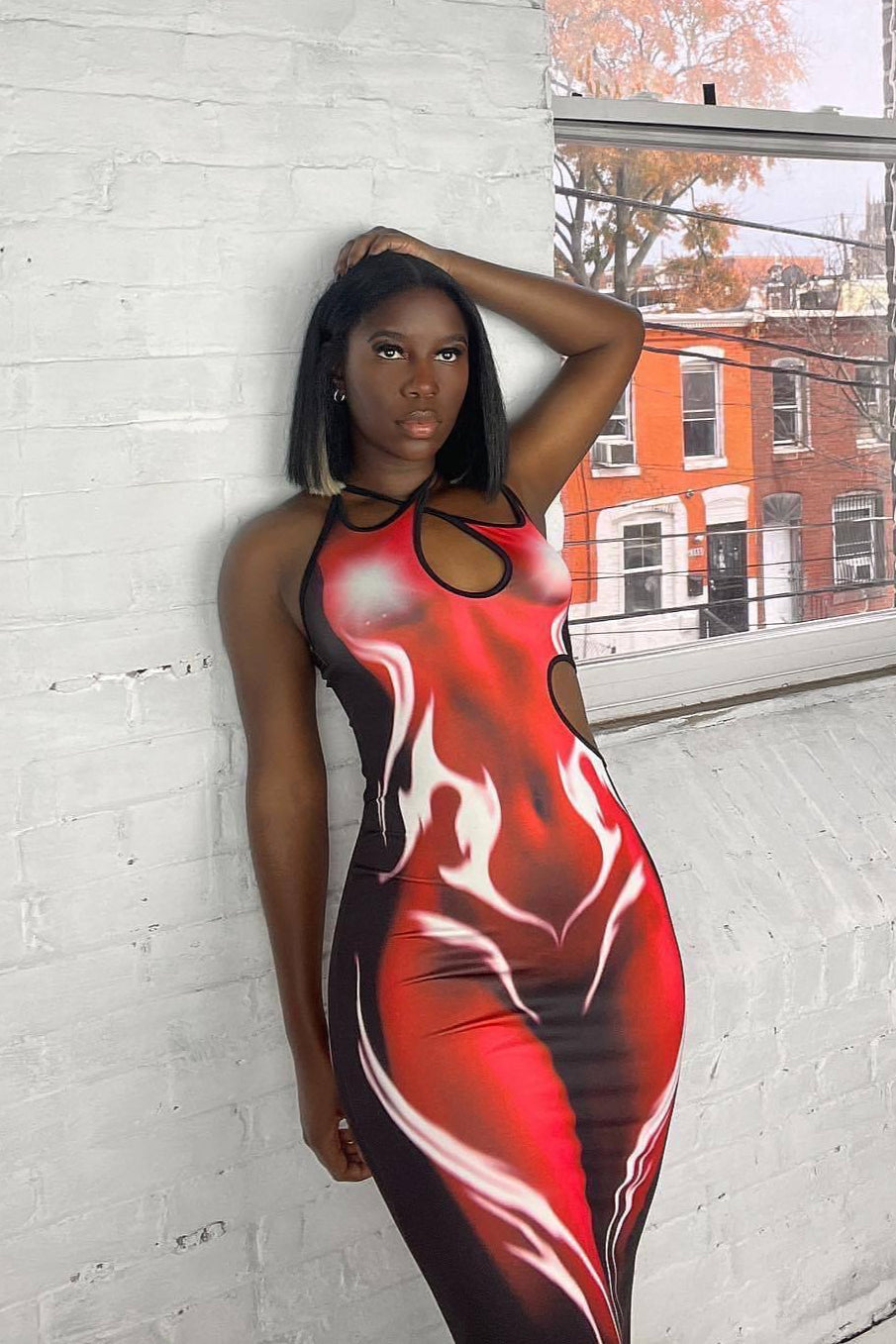 Cross Strap Hollow Print Bodycon Maxi Dress