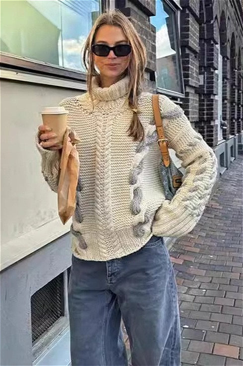 Hooded Colorblock Cable Knit Sweater