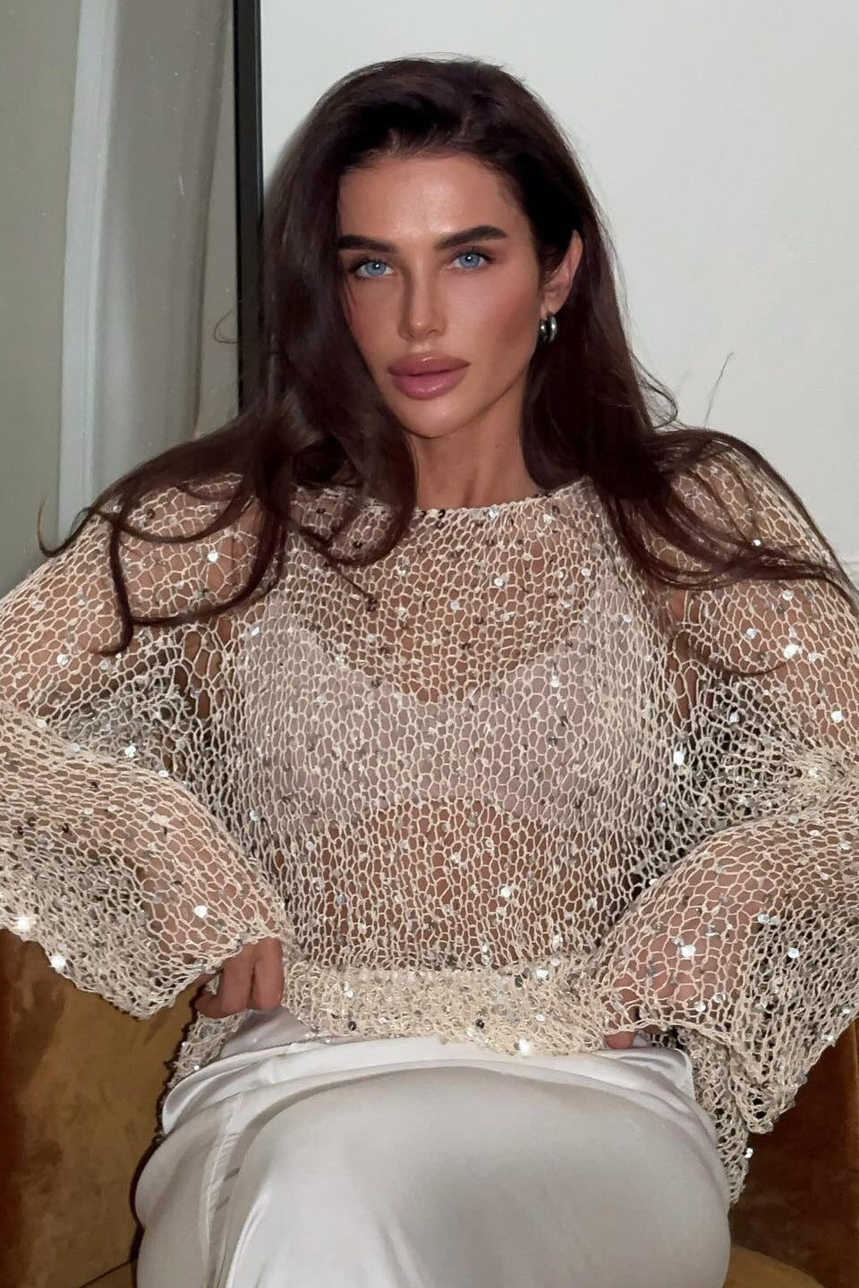 Elegant Sequin Long Sleeve Knit  Blouse