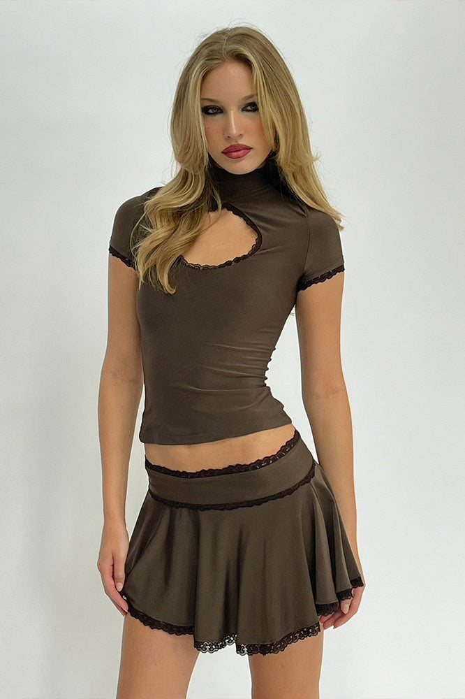 Sexy Lace Hollow Out Top Skirt Two Pieces Set