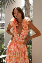 Ruffle Trim Deep V Floral Dress