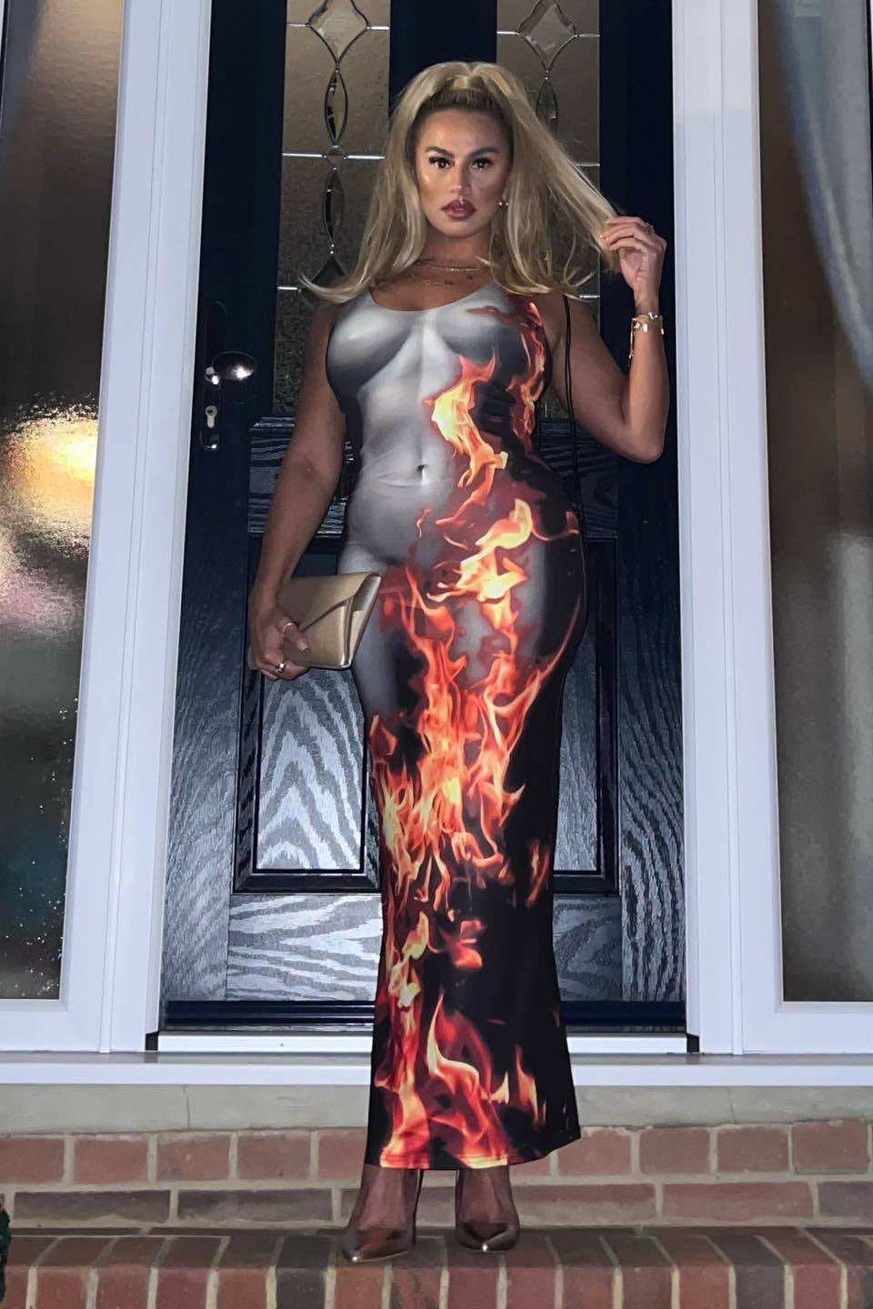 Trendy Flame Print Strap Bodycon Maxi Dress