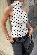 Polka Dot Halter Backless Tie Shoulder Crop Top