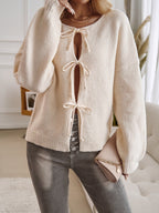 Loose Fit Button-Down Tie-Front Solid Color Sweater