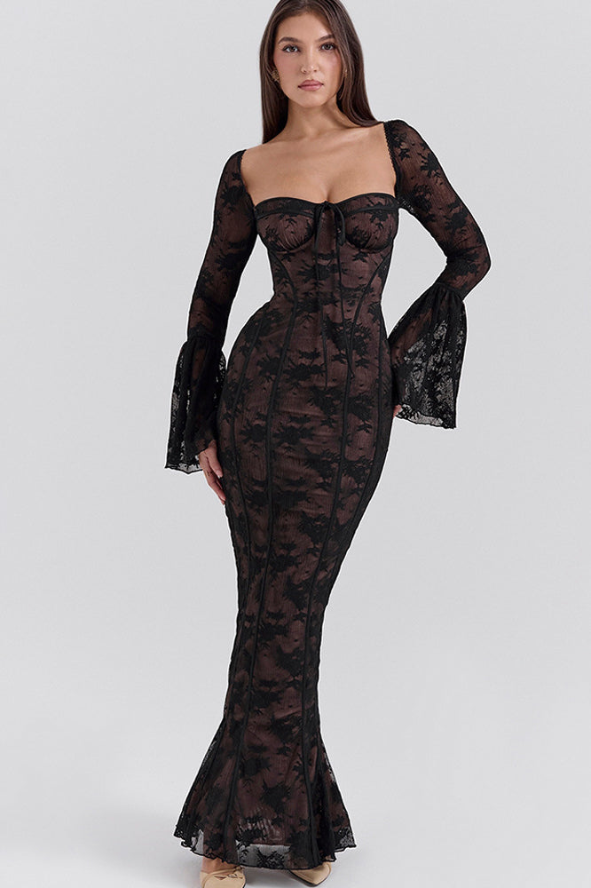 Lace Strapless Flare Sleeve Backless Bodycon Maxi Dress