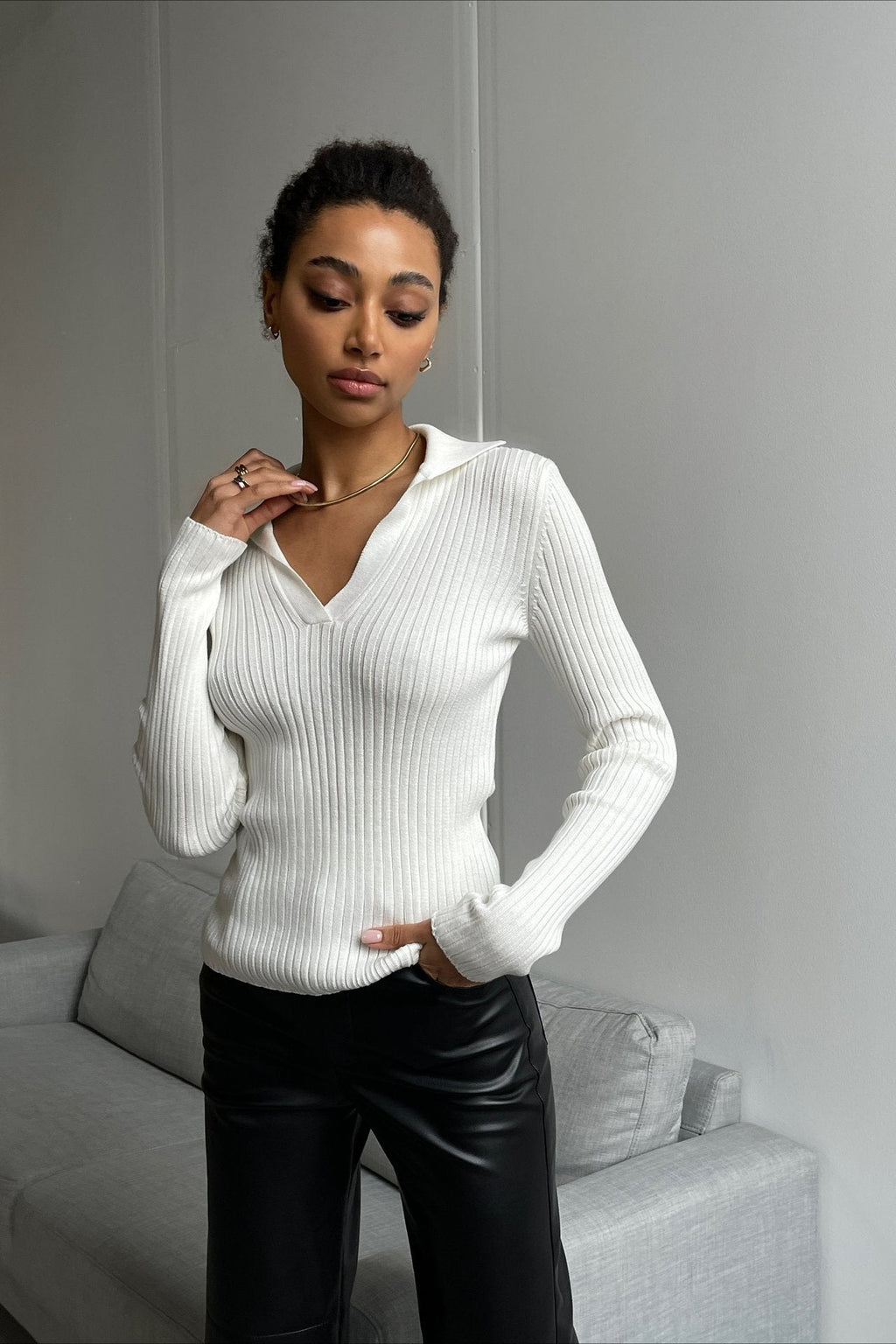 Polo Neck Fitted Ribbed Knit Sweater