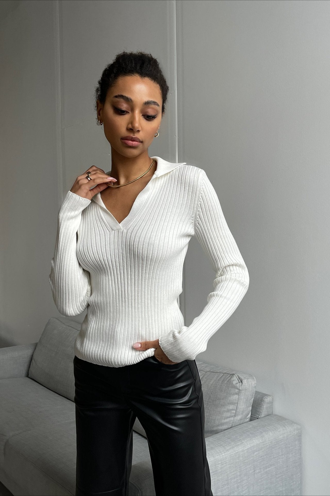 Polo Neck Fitted Ribbed Knit Sweater