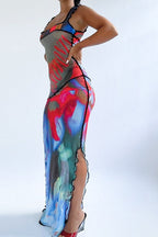 Fashionable Sheer Letter Print Red Lip Maxi Dress