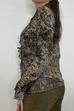 Vintage Animal Print Tie Front Ruffle Blouse