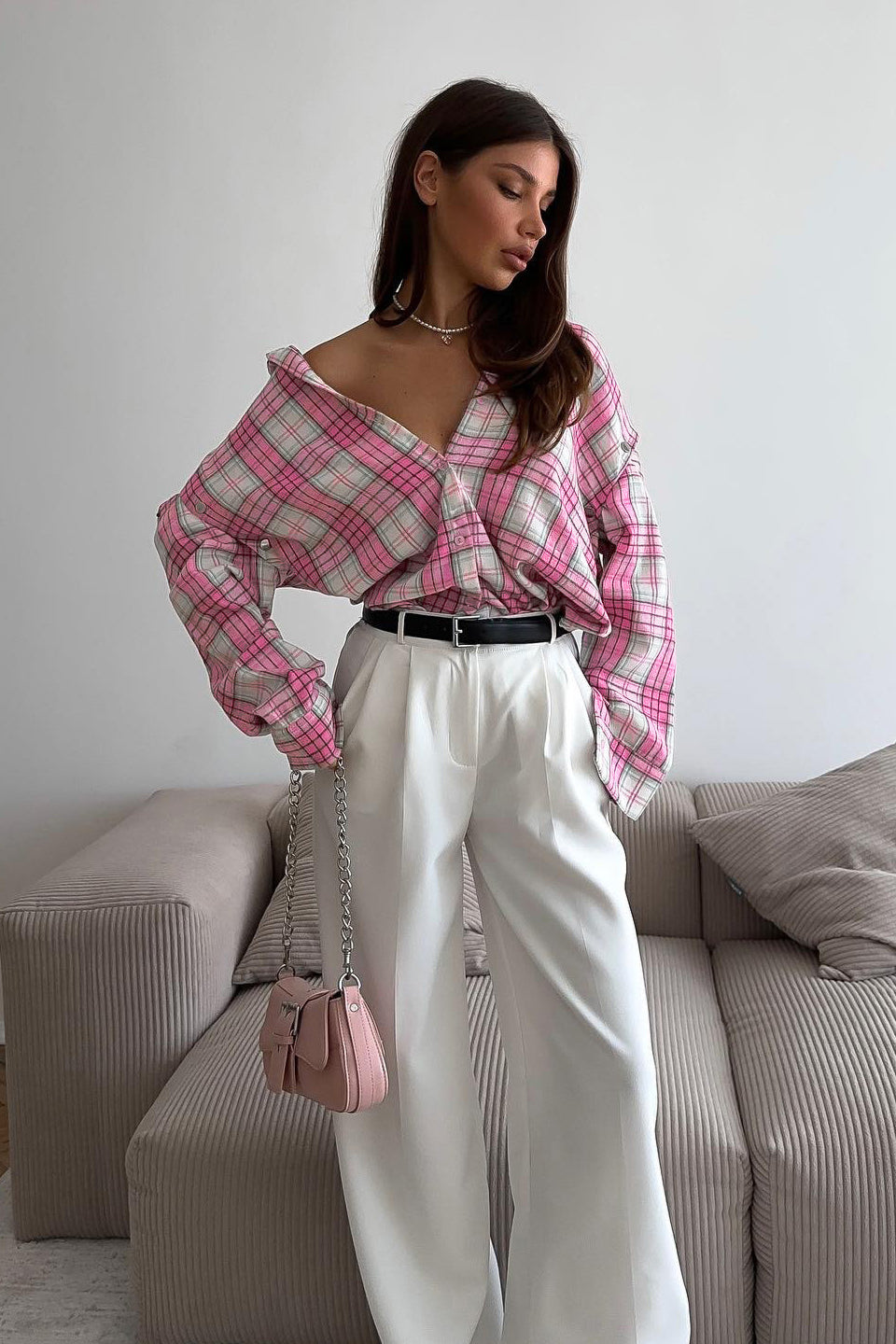 Pink Plaid Loose Fit Button-Up Blouse