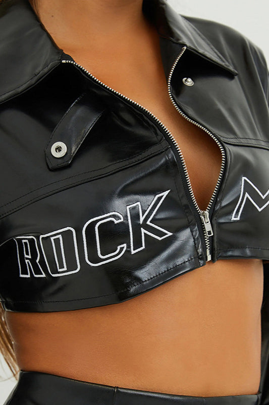 Embroidered Letter PU Leather Coat