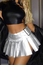 PU Leather Pleated A-Line Skirt
