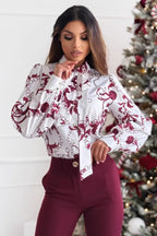 Printed Bow Tie Long Sleeve Blouse