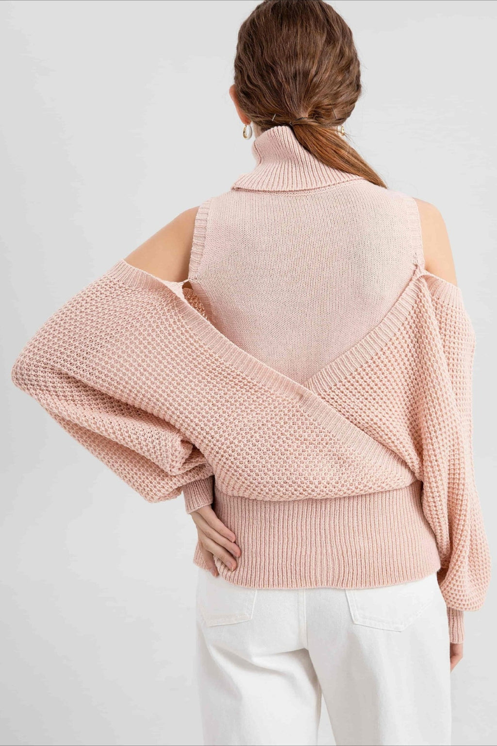 High Neck Off-Shoulder Double Layer Knit Sweater