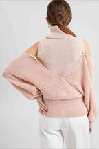 High Neck Off-Shoulder Double Layer Knit Sweater