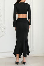 Elegant Fitted Bell Sleeve Top Tail Skirt Two Pieces Set
