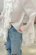 Elegant Ruffle Trim Button Blouse