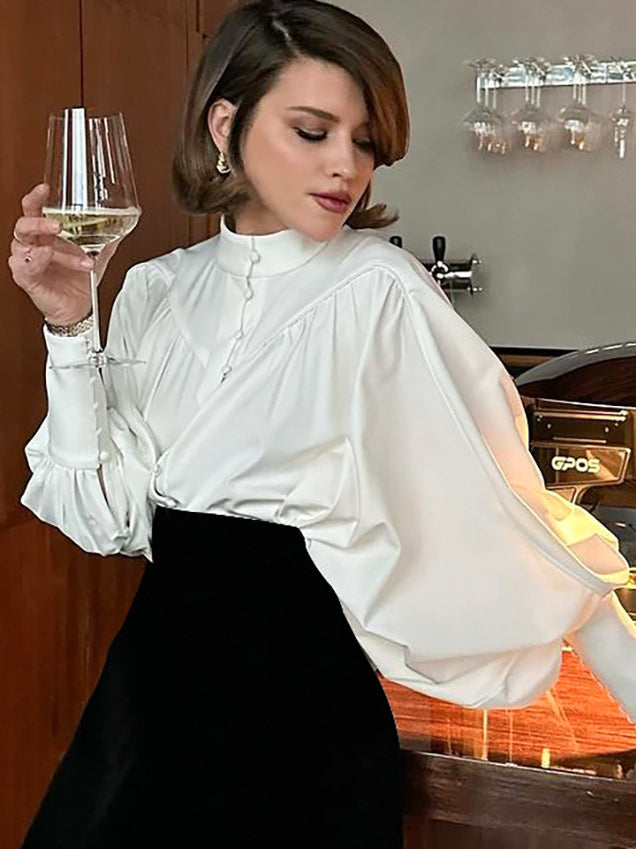 Puff Sleeve Stand Collar White Blouse