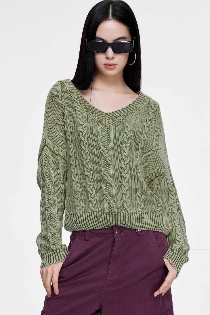 V-Neck Long Sleeve Cable Knit Sweater