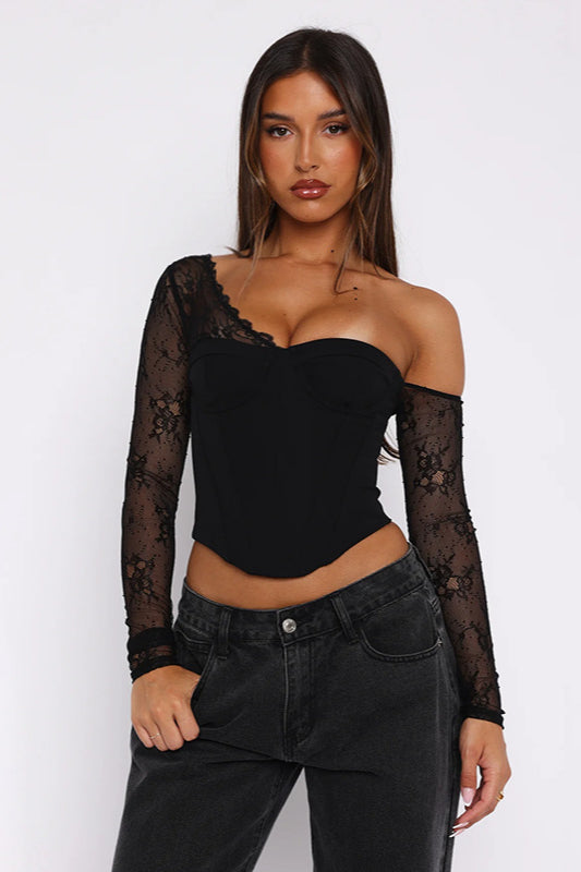 Deep V Lace Sleeve Knit Top
