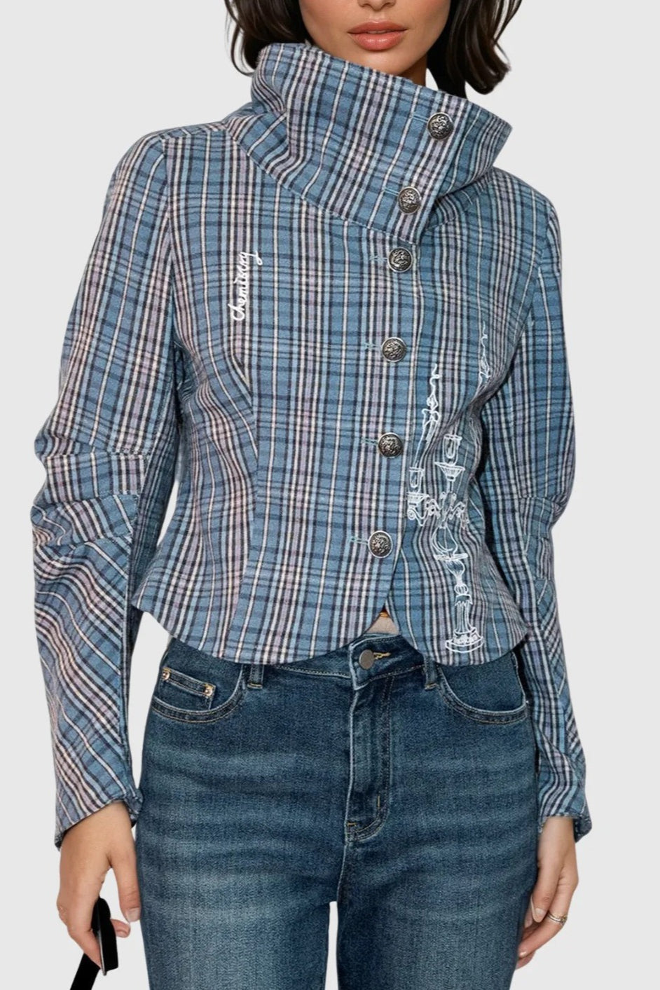 Vintage Stand Collar Plaid Button Blouse