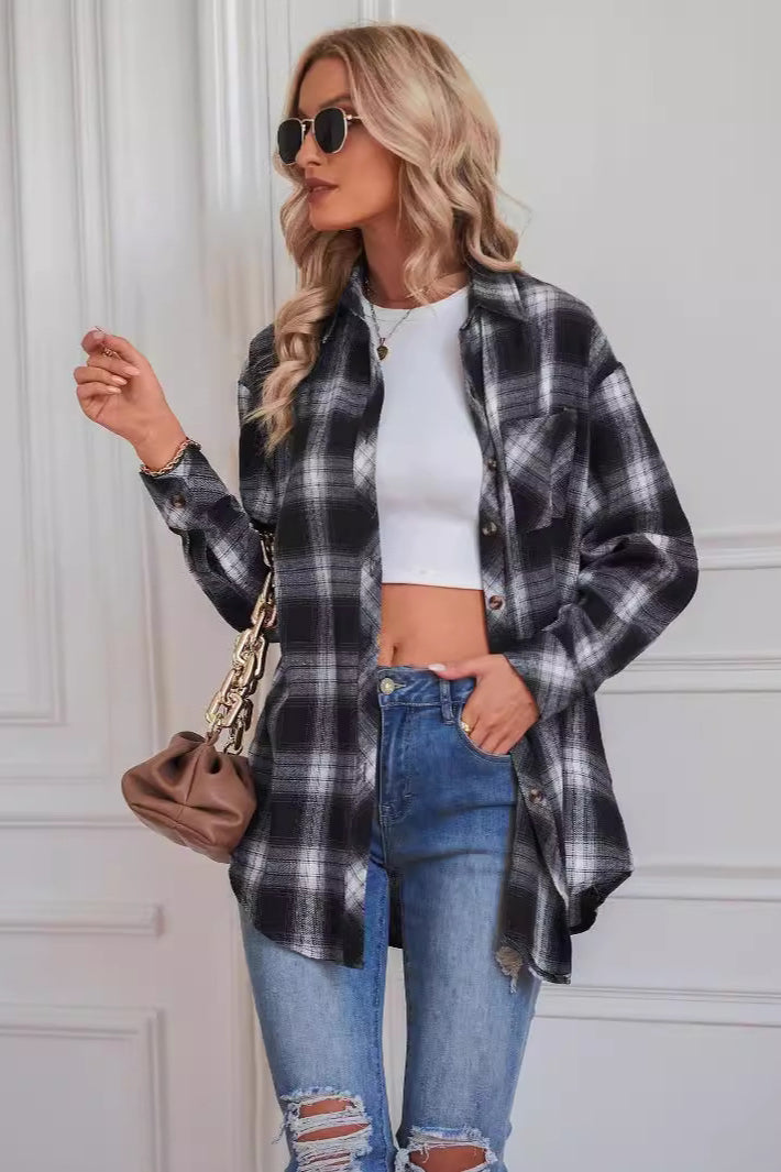 Casual Boyfriend Fit Plaid Collared Blouse