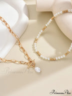 2pcs Faux Pearl Charm OT Buckle Necklace