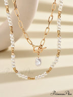 2pcs Faux Pearl Charm OT Buckle Necklace