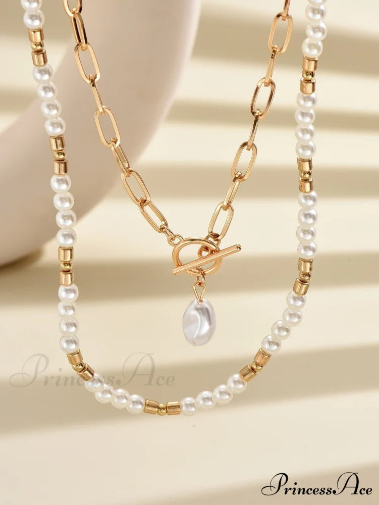 2pcs Faux Pearl Charm OT Buckle Necklace
