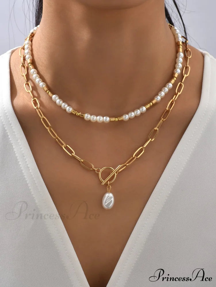 2pcs Faux Pearl Charm OT Buckle Necklace