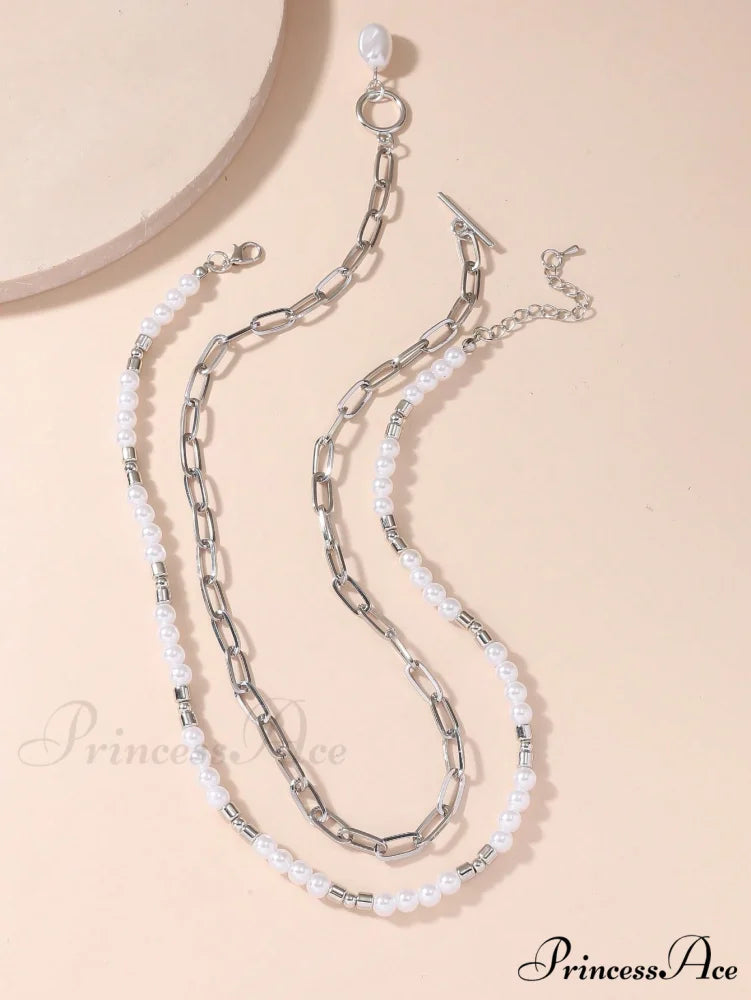 2pcs Faux Pearl Charm OT Buckle Necklace
