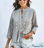 3/4 Sleeve Cotton Button V-Neck Retro Boho Top