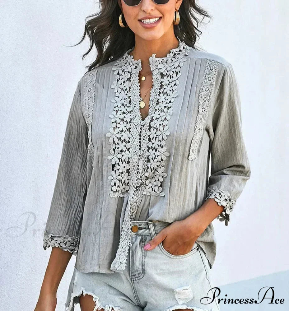 3/4 Sleeve Cotton Button V-Neck Retro Boho Top