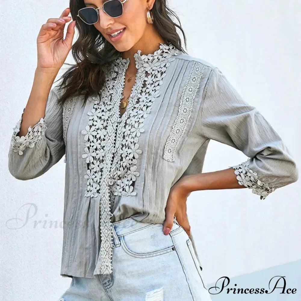 3/4 Sleeve Cotton Button V-Neck Retro Boho Top