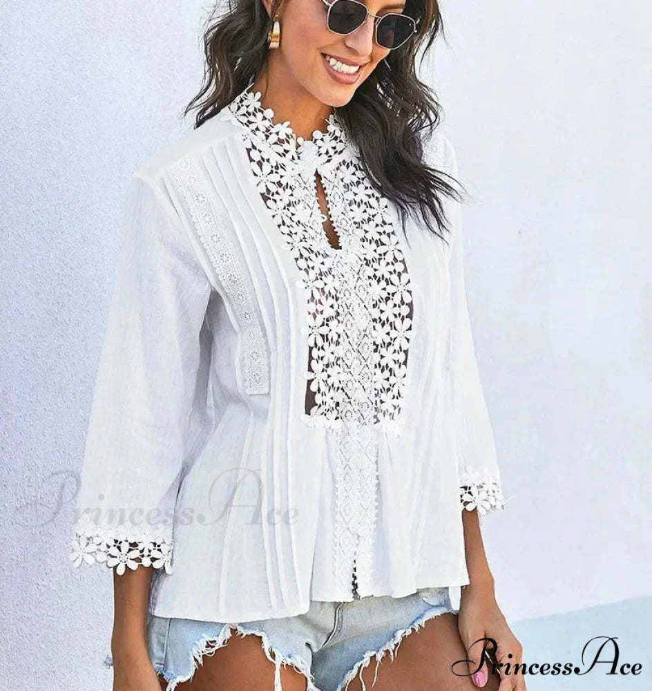 3/4 Sleeve Cotton Button V-Neck Retro Boho Top