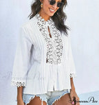 3/4 Sleeve Cotton Button V-Neck Retro Boho Top
