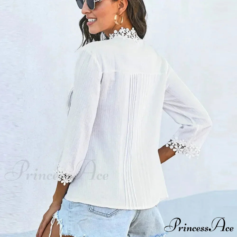 3/4 Sleeve Cotton Button V-Neck Retro Boho Top