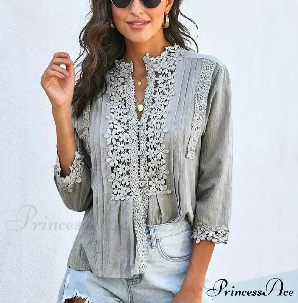 3/4 Sleeve Cotton Button V-Neck Retro Boho Top