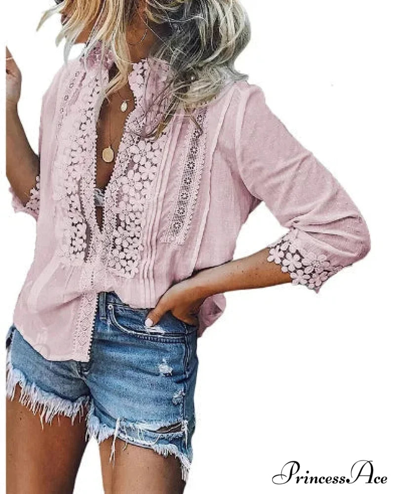 3/4 Sleeve Cotton Button V-Neck Retro Boho Top