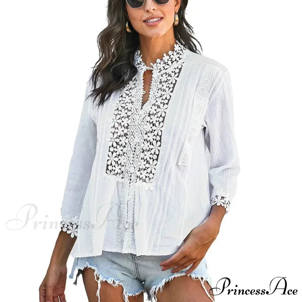 3/4 Sleeve Cotton Button V-Neck Retro Boho Top