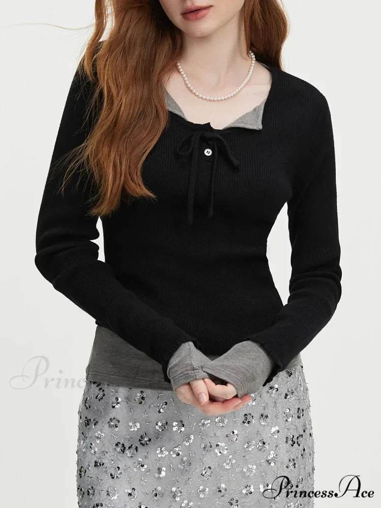 3.9% Wool  U - Neck Lace - Up  Slim Pullover