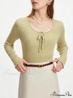 3.9% Wool  U - Neck Lace - Up  Slim Pullover