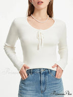 3.9% Wool  U - Neck Lace - Up  Slim Pullover