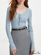 3.9% Wool  U - Neck Lace - Up  Slim Pullover