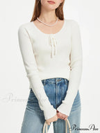 3.9% Wool  U - Neck Lace - Up  Slim Pullover