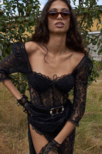 Elegant Lace Square Neck Long Sleeve Split Bodycon Maxi Dress